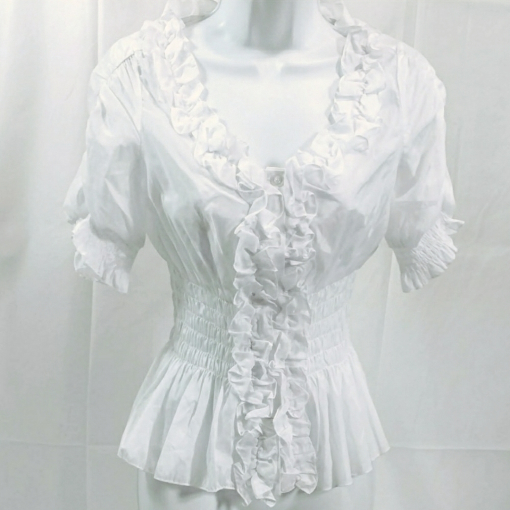 Womens Blouse S White Ruffle Peplum EUC